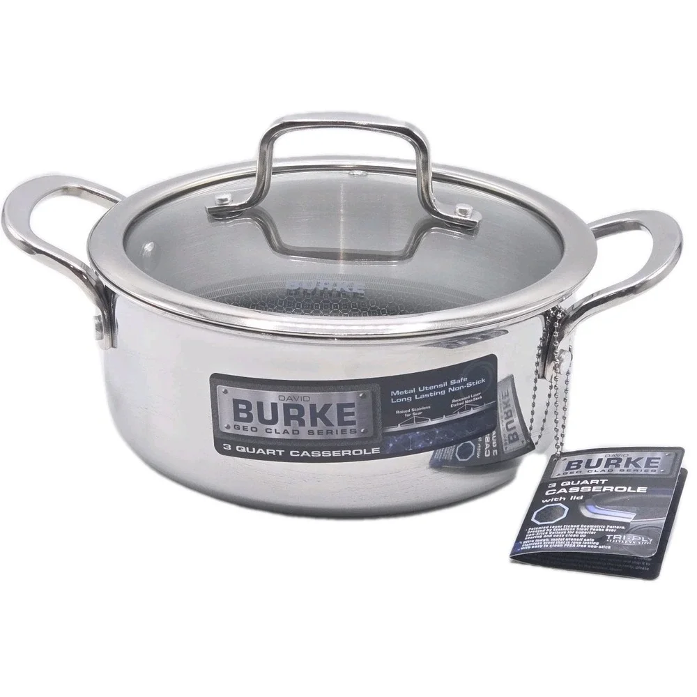 David Burke 8in 3Qt Nonstick Casserole Pot With Lid Geo Clad Tri-Ply Cookware